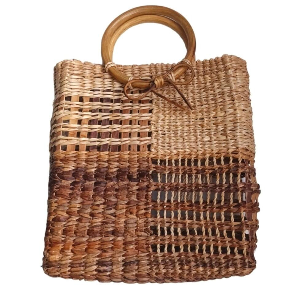 Handwoven Straw Tote Bag Wooden Ring Handles 11” Market Purse Philippines - Picture 4 of 6